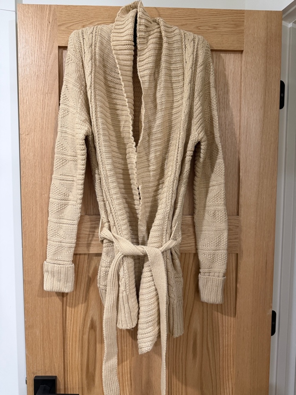 Women's Cream Knit Belted Open-Front Cardigan Sweater